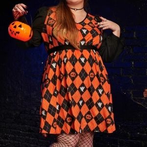 Orange Argyle Vintage Halloween Inspired Dress Pumpkins Ghosts Skulls